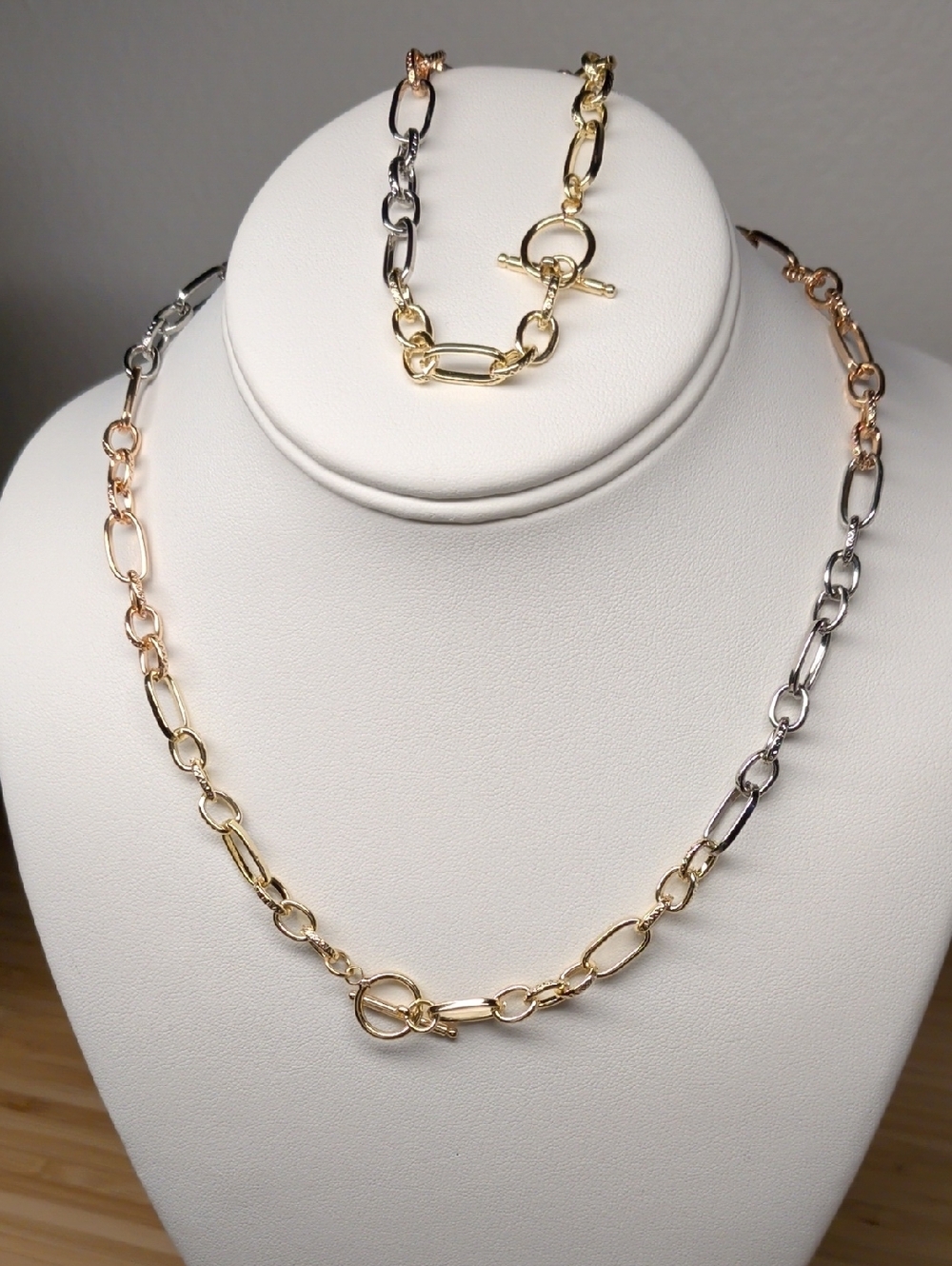 Tri-Tone Gold Filled Necklace & Bracelet Set - Yellow, White And Rose Gold Fill